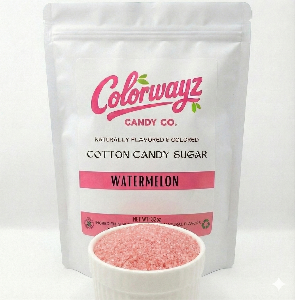 Colorwayz Candy Co watermelon cotton candy sugar pouch with bowl of naturally colored pink floss sugar, dye-free cotton candy sugar for home and commercial machines