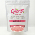 Colorwayz Candy Co watermelon cotton candy sugar pouch with bowl of naturally colored pink floss sugar, dye-free cotton candy sugar for home and commercial machines