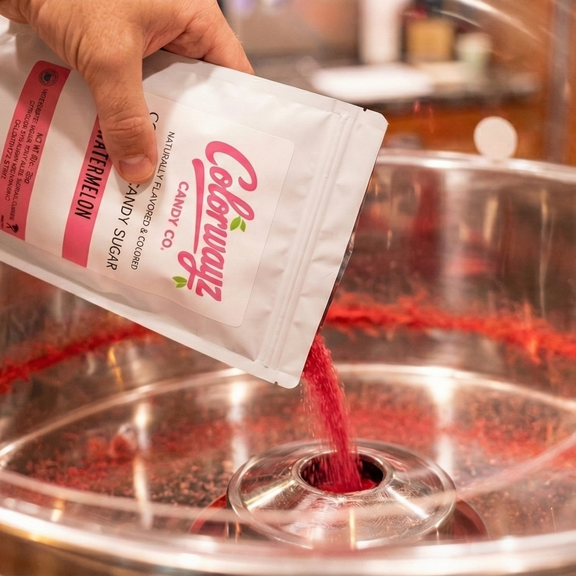 Pouring Colorwayz watermelon cotton candy sugar into cotton candy machine, naturally colored floss sugar made with fruit juice and no artificial dyes