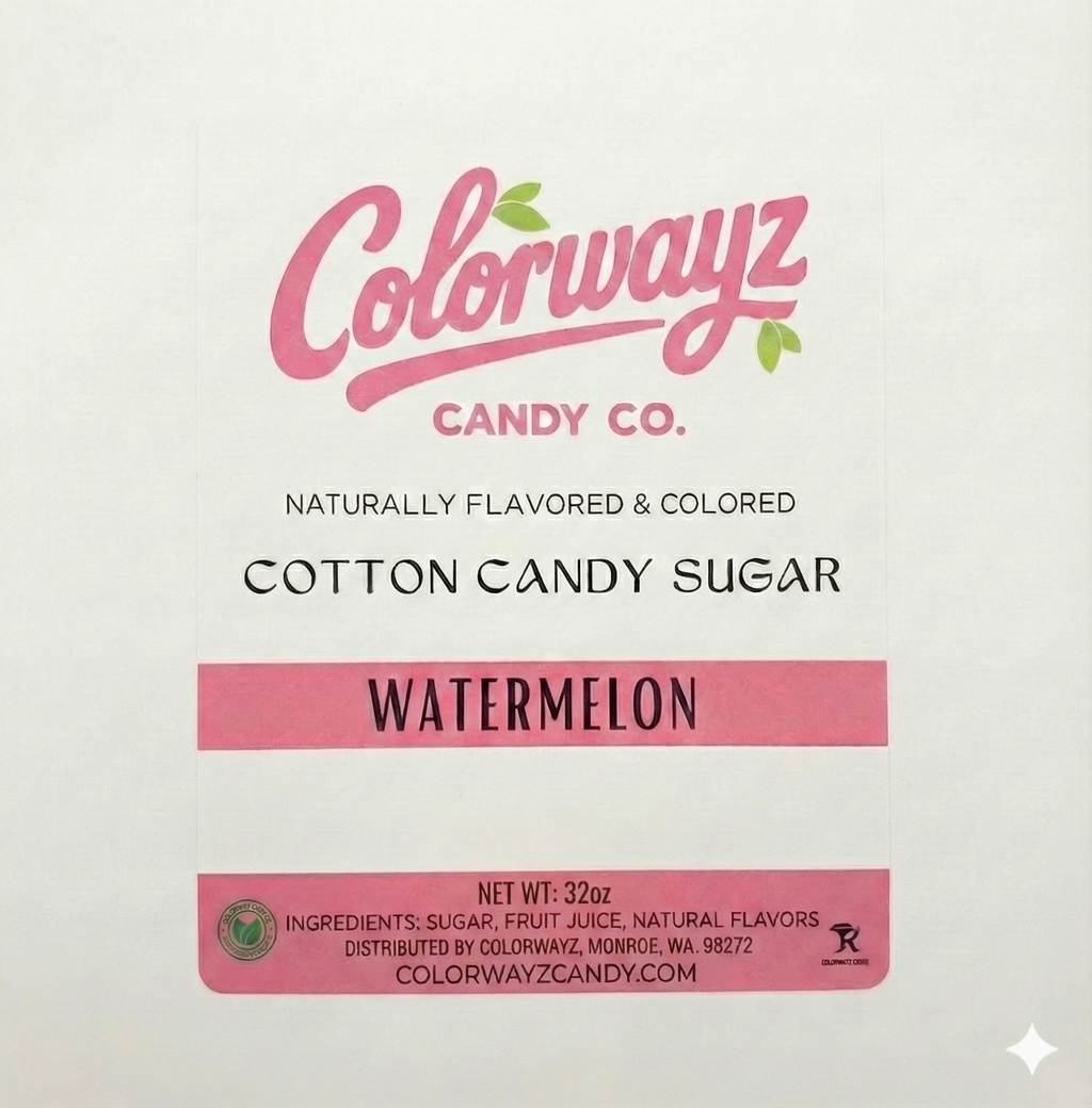 Colorwayz Candy Co watermelon cotton candy sugar label showing ingredients list with sugar, fruit juice, and natural flavors, naturally colored dye-free cotton candy sugar, 32 oz resealable pouch