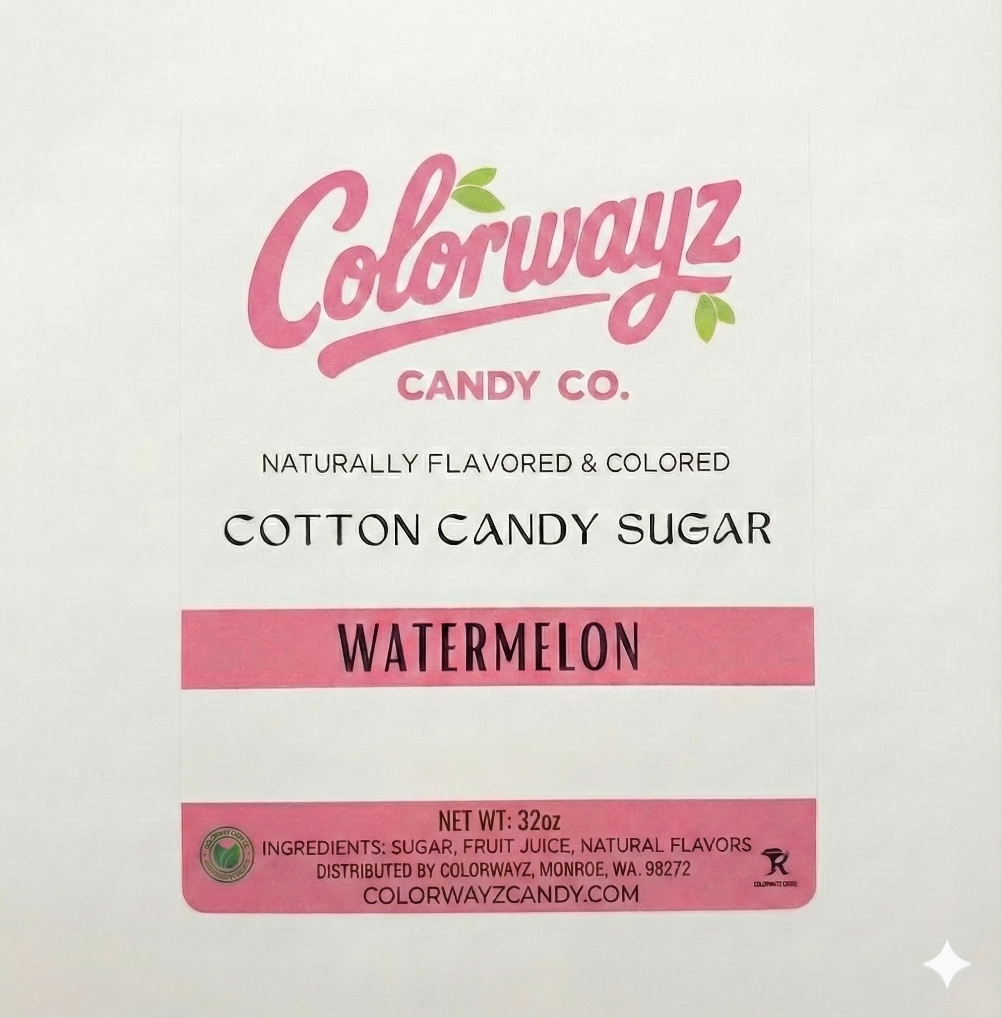 Colorwayz Candy Co watermelon cotton candy sugar label showing ingredients list with sugar, fruit juice, and natural flavors, naturally colored dye-free cotton candy sugar, 32 oz resealable pouch