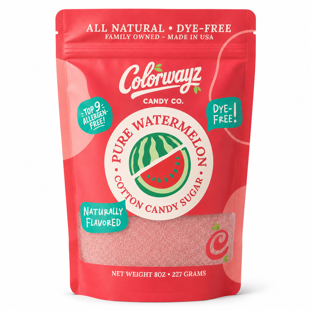 Pure Watermelon cotton candy sugar 8oz bag, dye-free and naturally flavored, Colorwayz Candy Co.